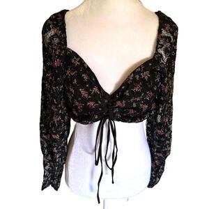 Topshop sheer black lace floral top tie front whimsigoth moody floral sz 8